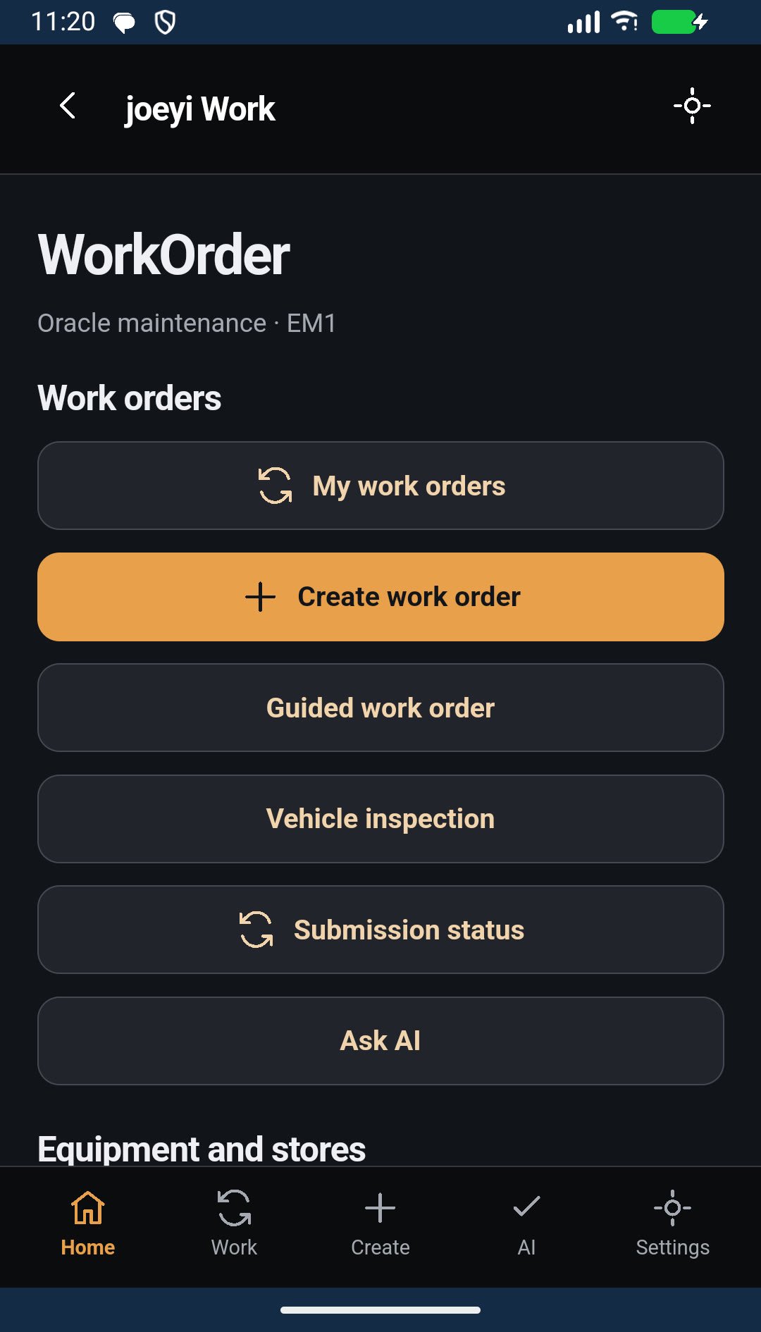The Work Order App home screen from the development build