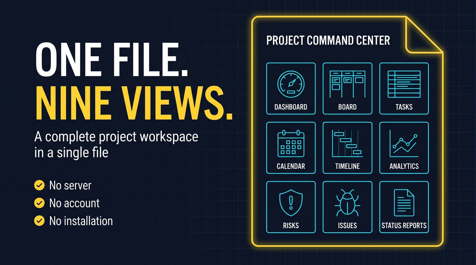One file, nine views of the same project.