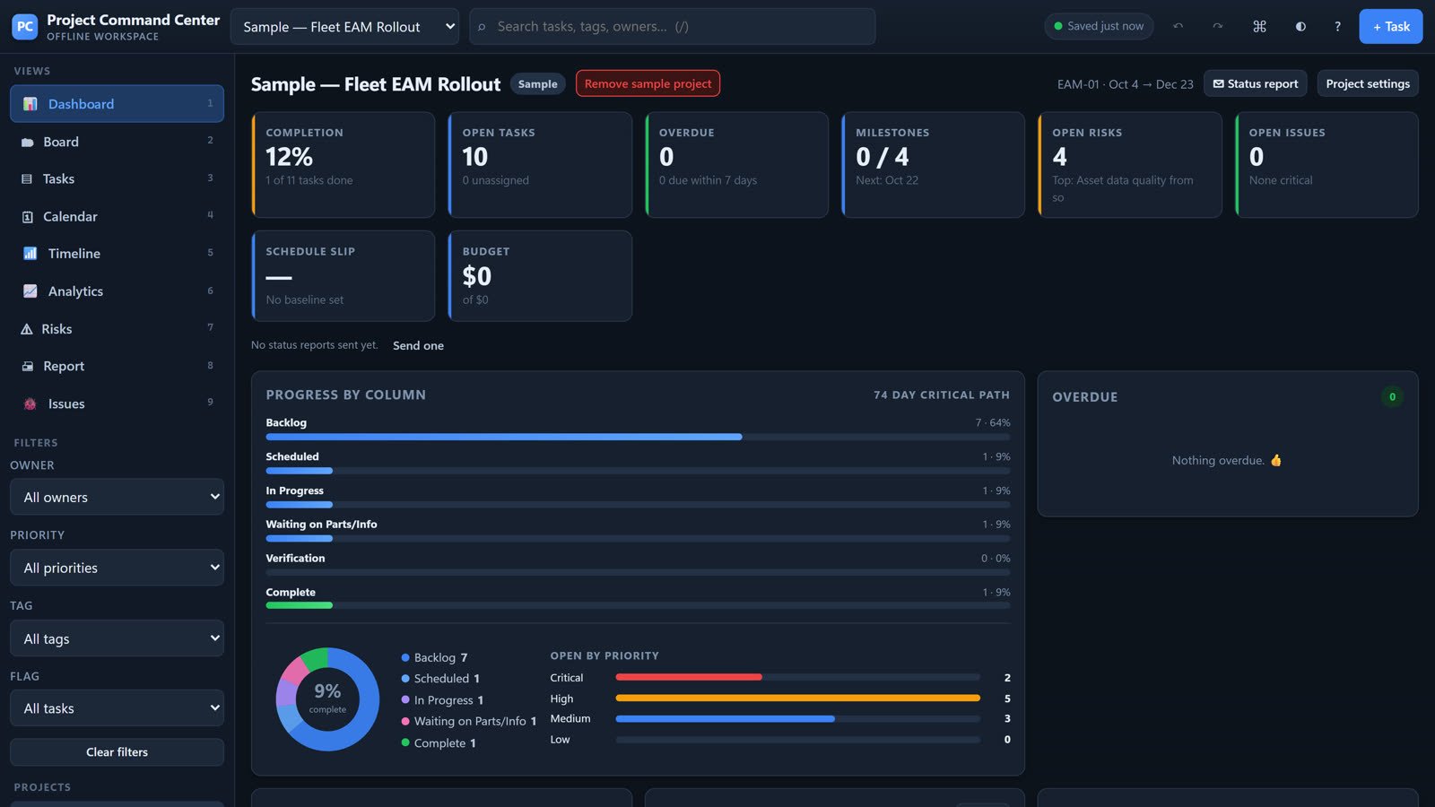 The dashboard with the built-in sample project.