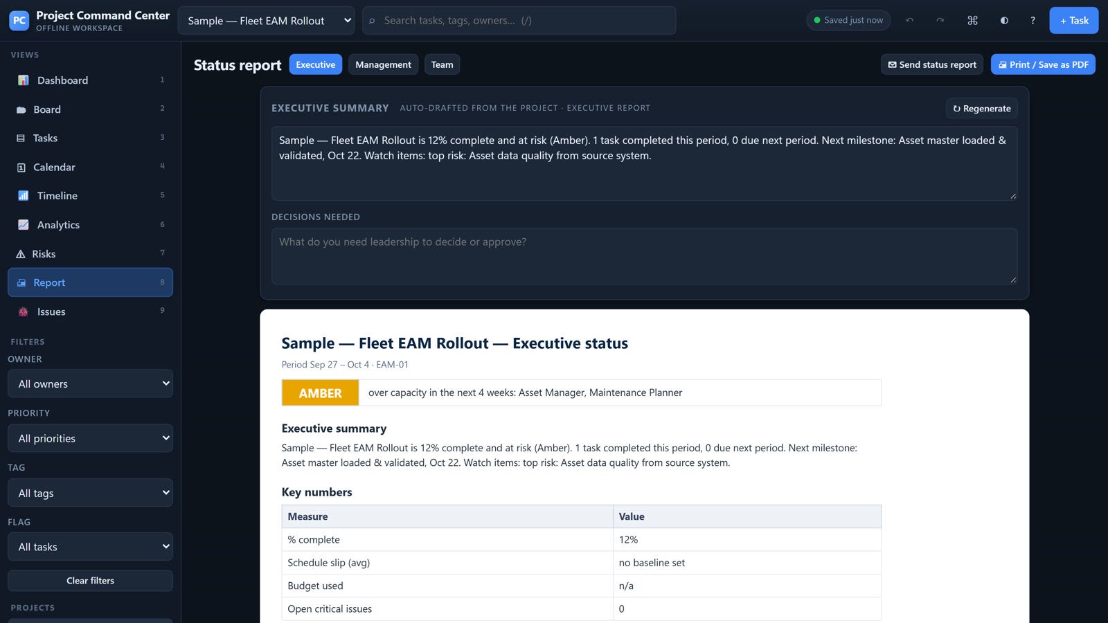 An executive status report, drafted from the sample project.